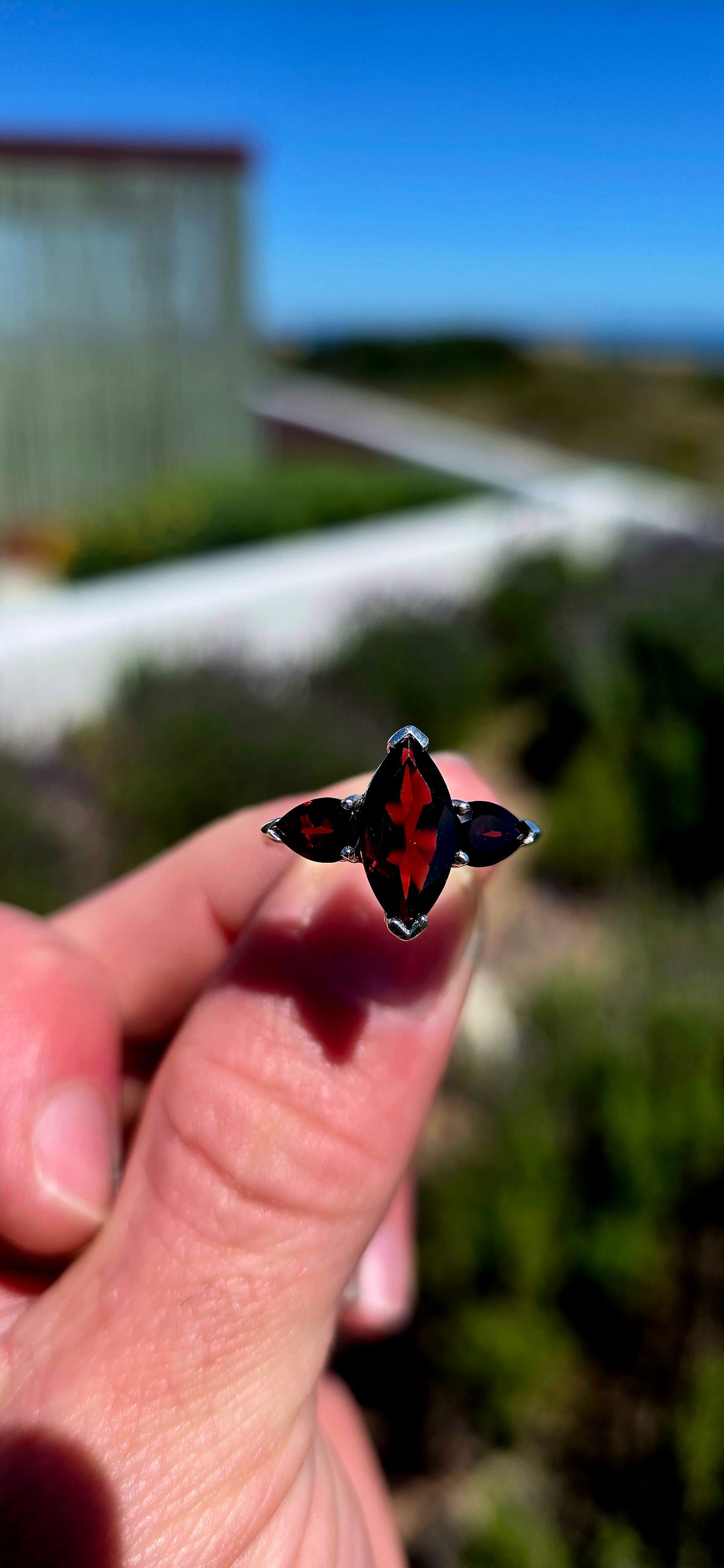 A gorgeous sterling silver trilogy ring featuring three beautifully faceted, deep wine-red garnets in a wonderfully elegant and slightly dramatic design!