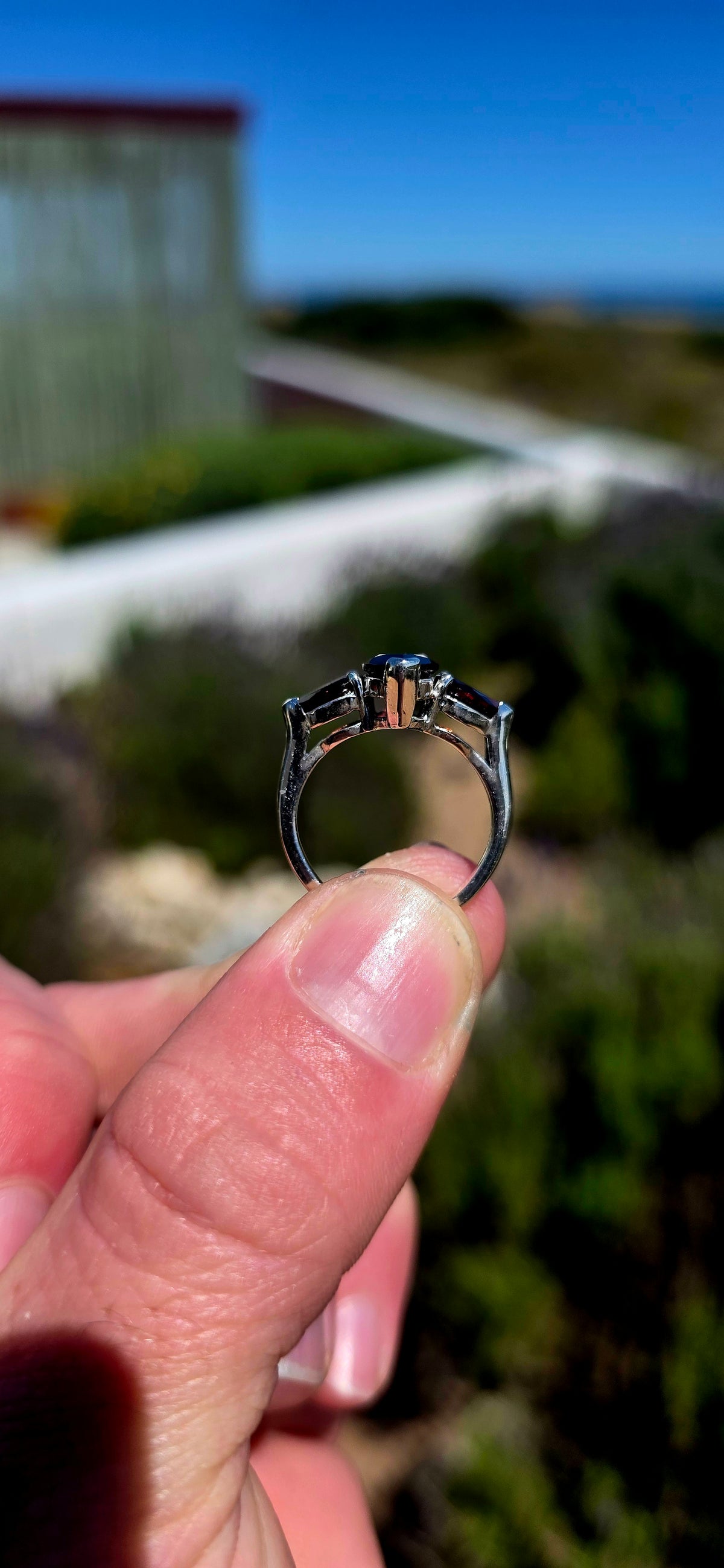 A gorgeous sterling silver trilogy ring featuring three beautifully faceted, deep wine-red garnets in a wonderfully elegant and slightly dramatic design!