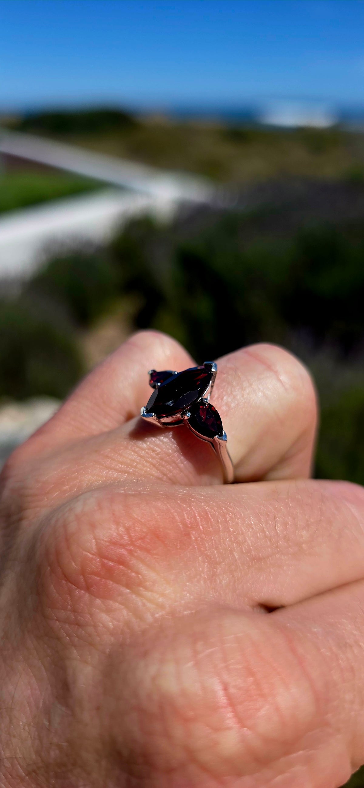 A gorgeous sterling silver trilogy ring featuring three beautifully faceted, deep wine-red garnets in a wonderfully elegant and slightly dramatic design!