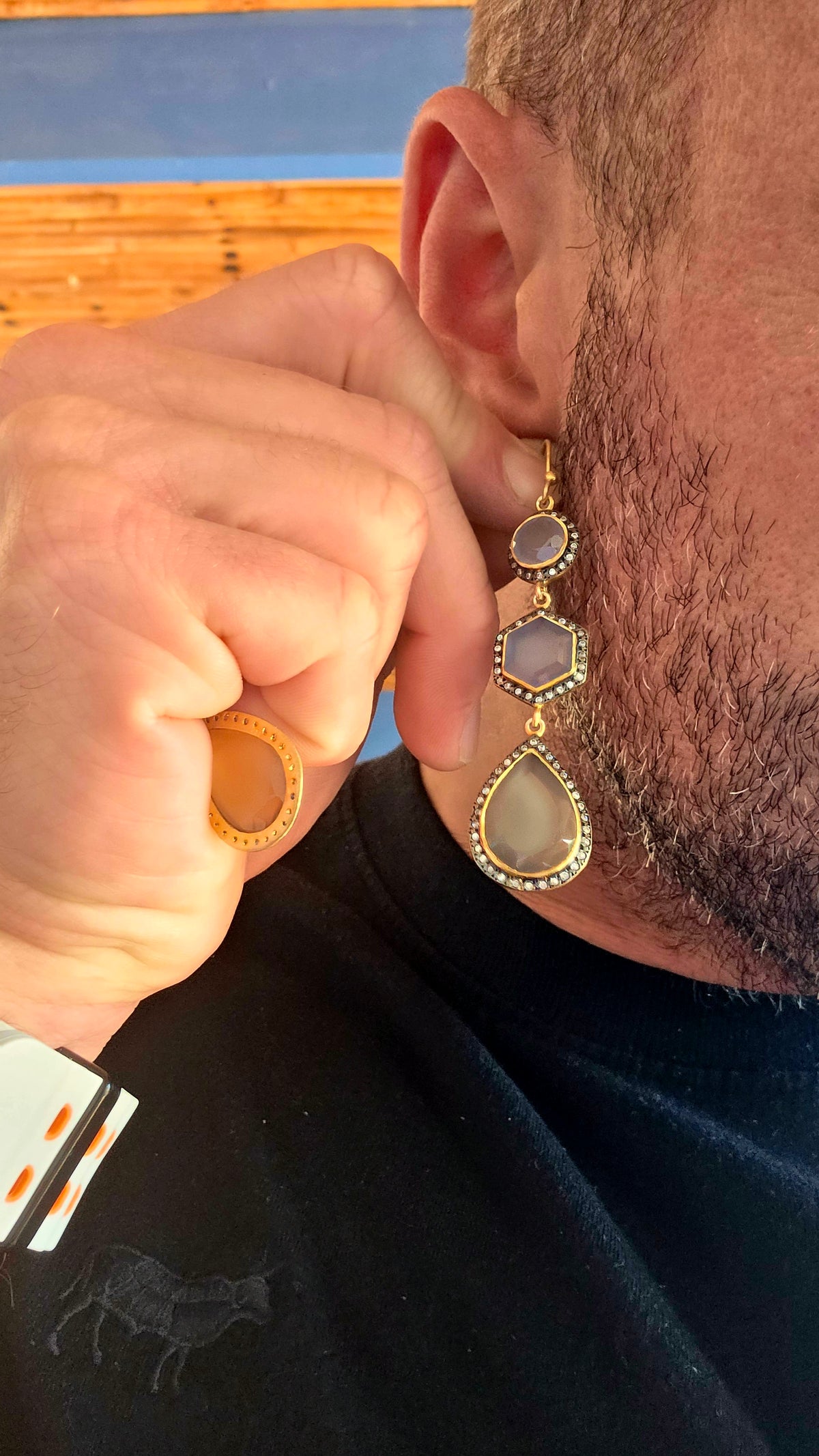 A magical pair of sterling silver drop earrings, beautifully finished in rich satin yellow gold plating and adorned with an exquisite combination of softly glowing chalcedony gemstones and sparkling cubic zirconia accents.