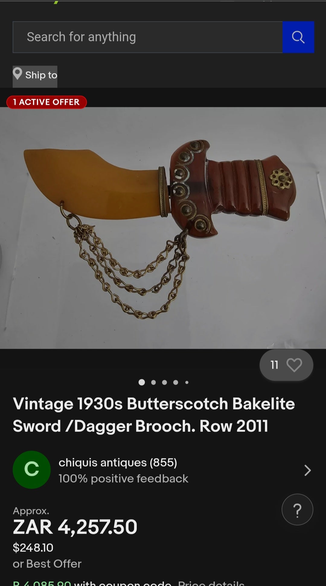 Marvelous and oversized Art Deco–era bakelite novelty brooch, exquisitely carved in the exotic form of a Persian dagger (khanjar)