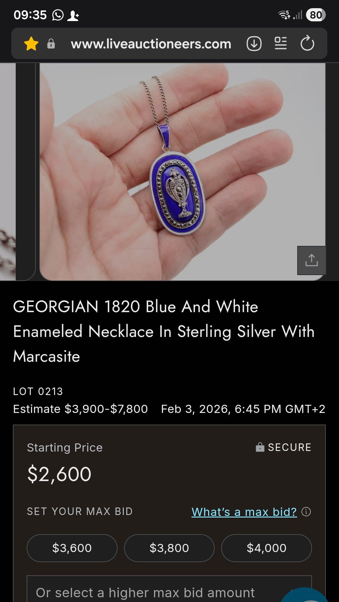 An exceptionally rare early 19th-century Georgian mourning pendant, crafted in sterling silver and lavishly decorated with royal blue and white enamel, glittering paste stones, and natural diamonds.