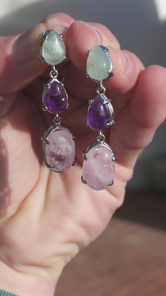 Fabulous statement pair of Sterling Silver Aquamarine,Amethyst and Morganite Cabochon Gemstones push-in drop earrings.