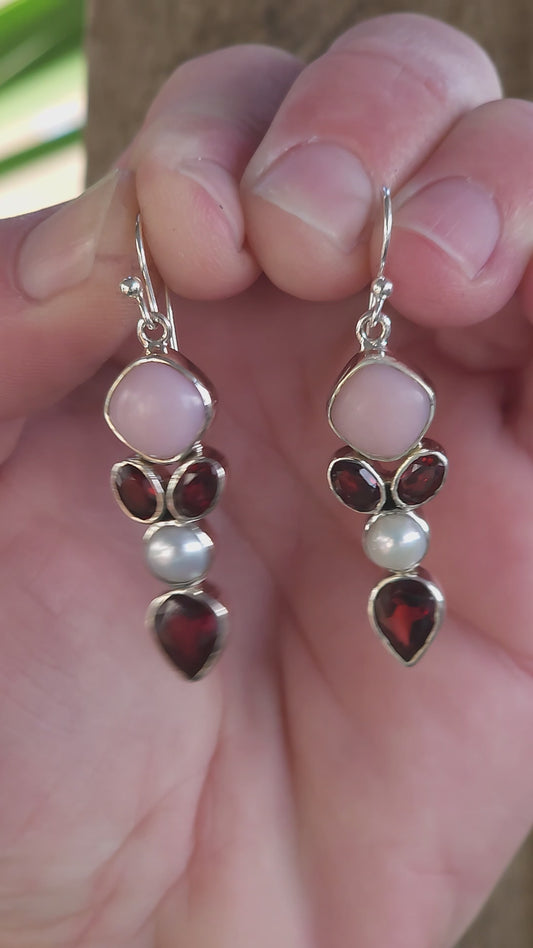 Delightful pair of Sterling Silver cluster drop earrings , these beauties are bezel/tube set with Pink Opal Cabochons , Garnets and Pearls.